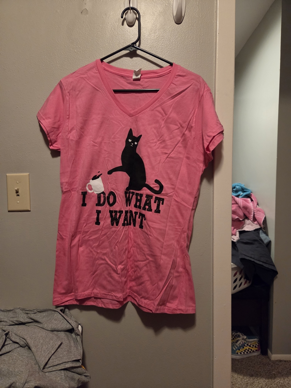 Gildan Pink V-Neck Tee with Subtle Graphic